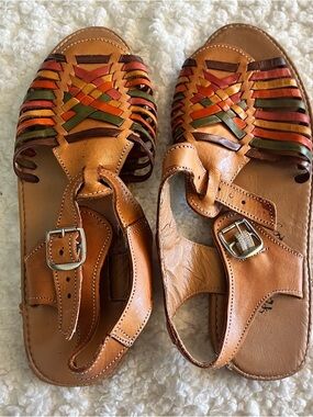 Handwoven Tan Leather Huarache Sandals with Multicolor Straps